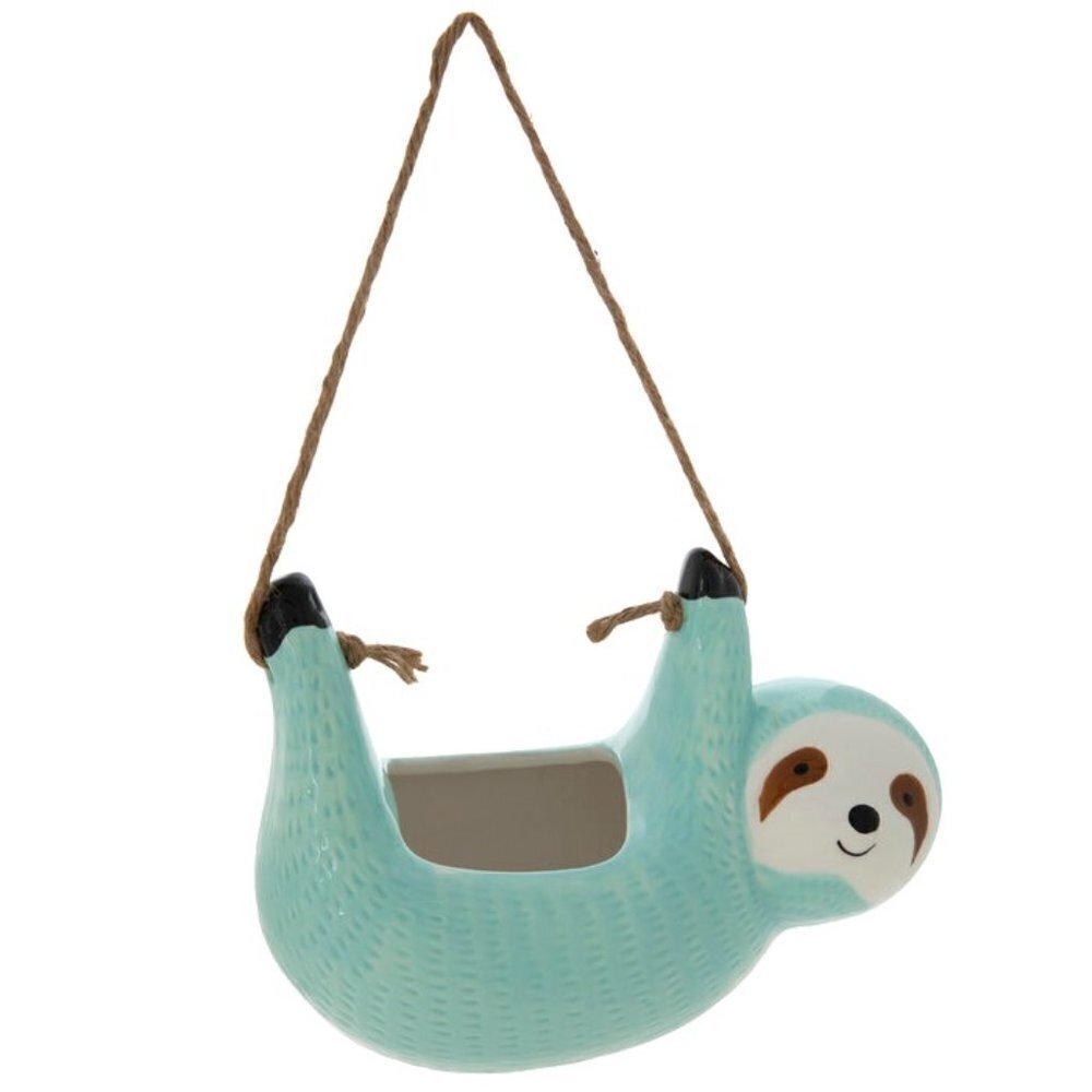 Aqua Blue Sloth Ceramic Hanging Rope Planter